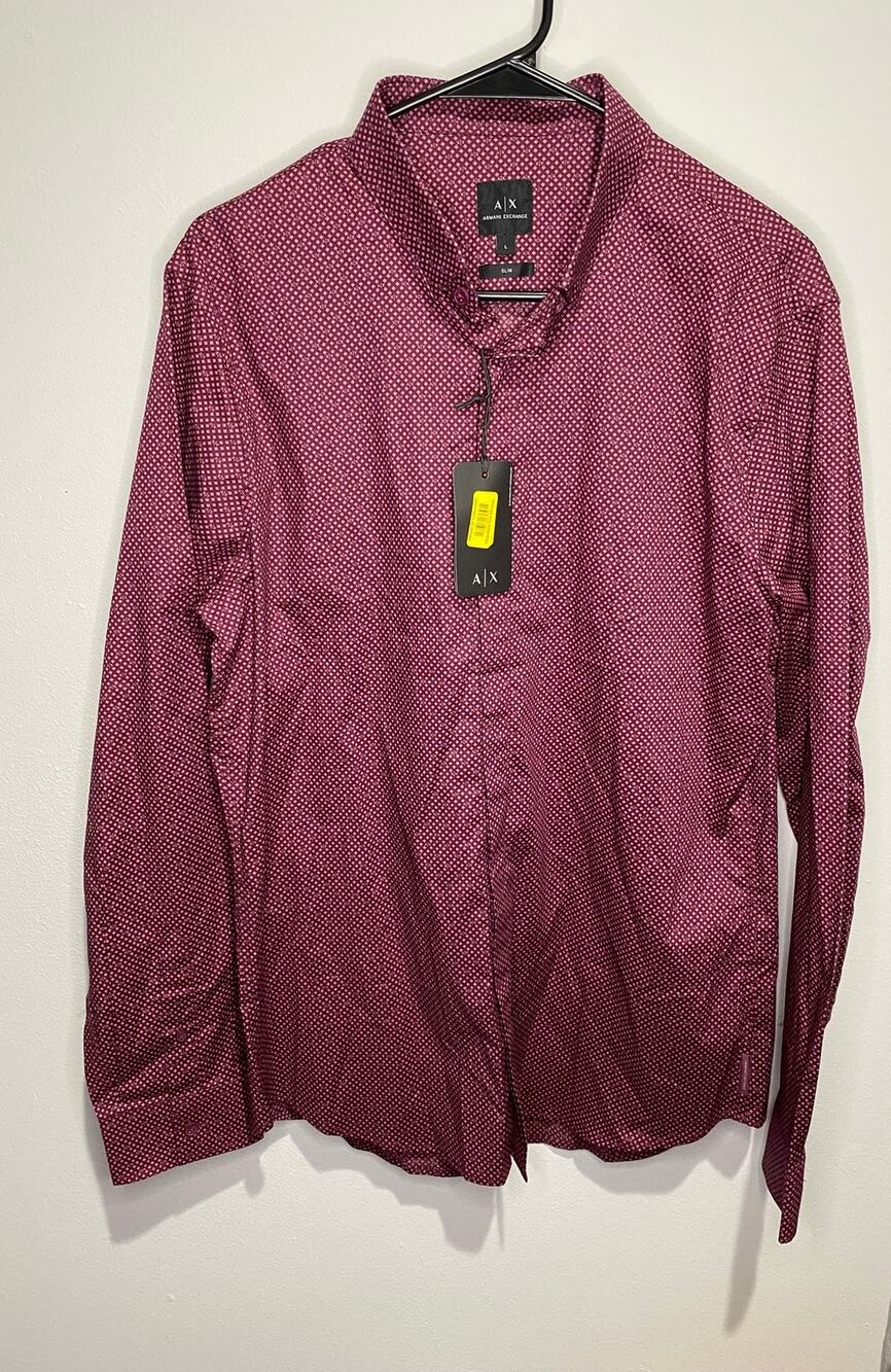 Armani Exchange Shirt Men’s L Burgundy Cotton Slim Fit Geometric NWT